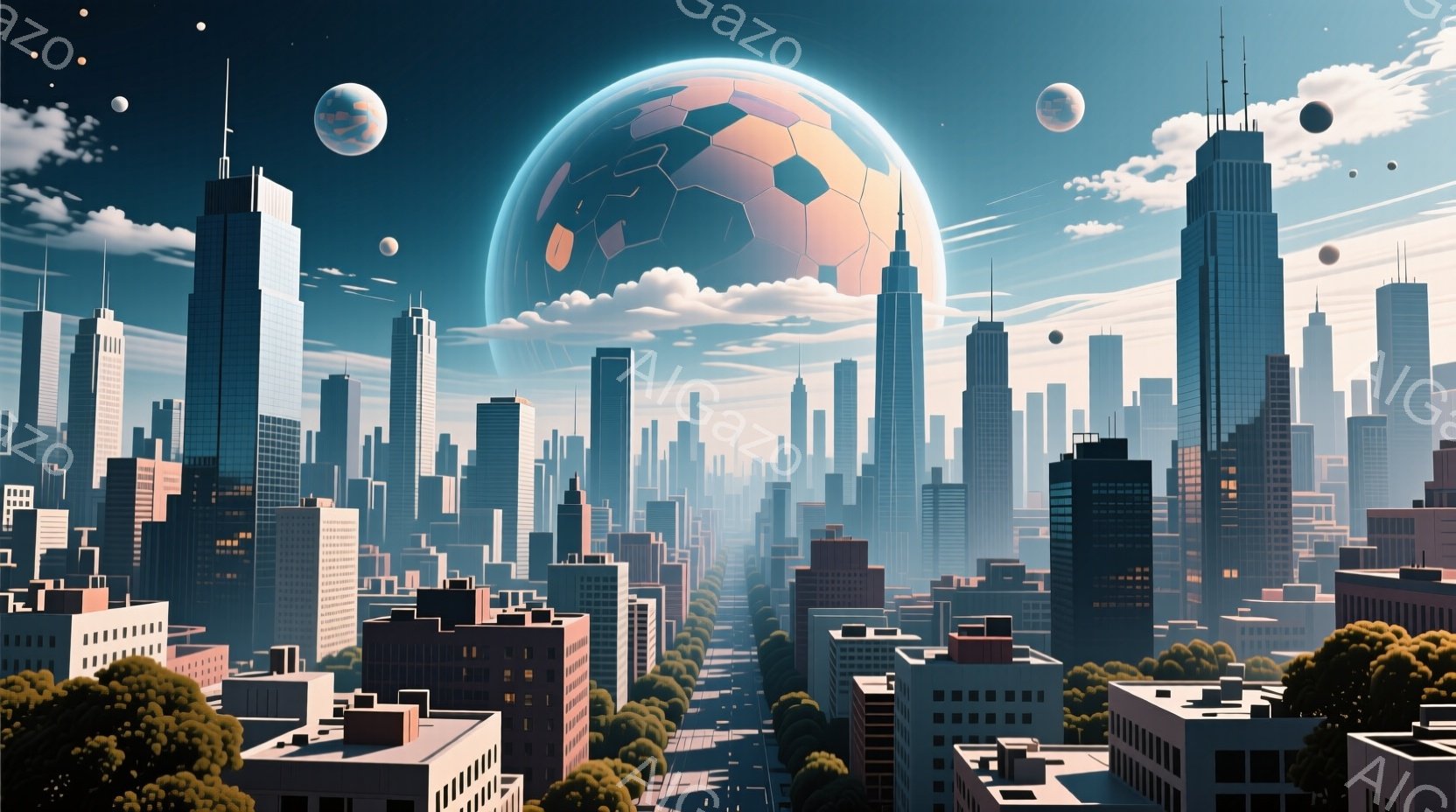 密集した高層ビル群が広がる都市の風景で、背景には巨大なサッカーボールのような球体が浮かんでいる。空には、さらに小さな球体もいくつか見え、奇妙で幻想的な雰囲気を醸し出している。緑豊かな木々が都市の一部に点在し、未来的な都市景観に自然の要素が加わっている。