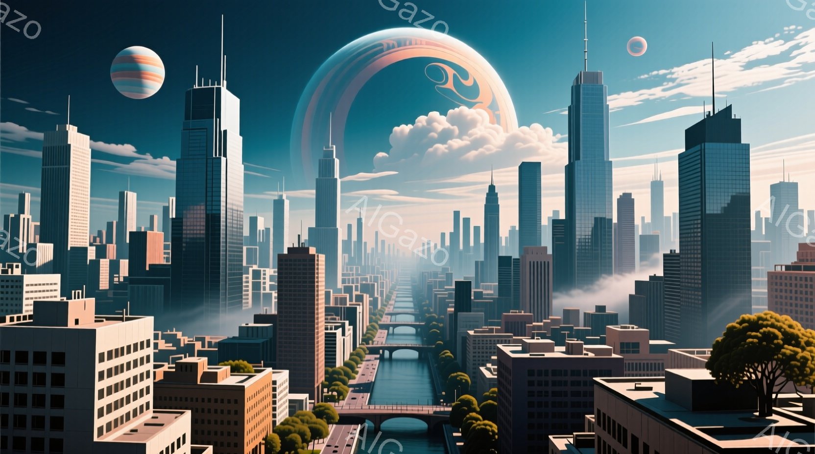 未来的な都市景観が広がり、高層ビル群が整然と立ち並んでいる。川が都市を貫き、複数の橋が架けられている。空には巨大な環状の雲と、遠くに小さな赤い惑星が見え、幻想的で希望に満ちた雰囲気を醸し出している。