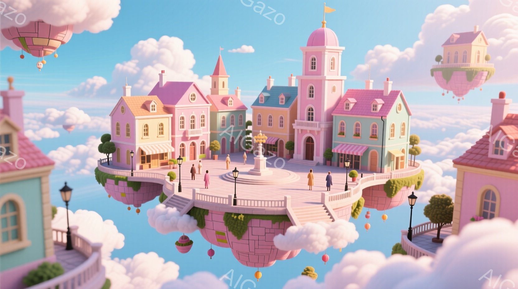 空に浮かぶピンク色の島があり、カラフルな建物が立ち並んでいます。人々はフォーマルな服装で、穏やかに散歩を楽しんでいます。背景にはふわふわとした雲が広がり、全体的に夢のような、穏やかな雰囲気を醸し出して - AI生成フリー素材