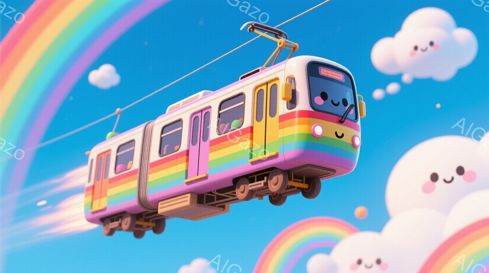 カラフルな電車が、青い空を背景に高速で走っている様子が描かれています。電車の各車両は、虹色に彩られ、可愛らしい顔の表情が特徴的です。背景には虹と笑顔の雲が浮かび、全体的に明るく楽しい雰囲気が漂っていま - AI生成フリー素材