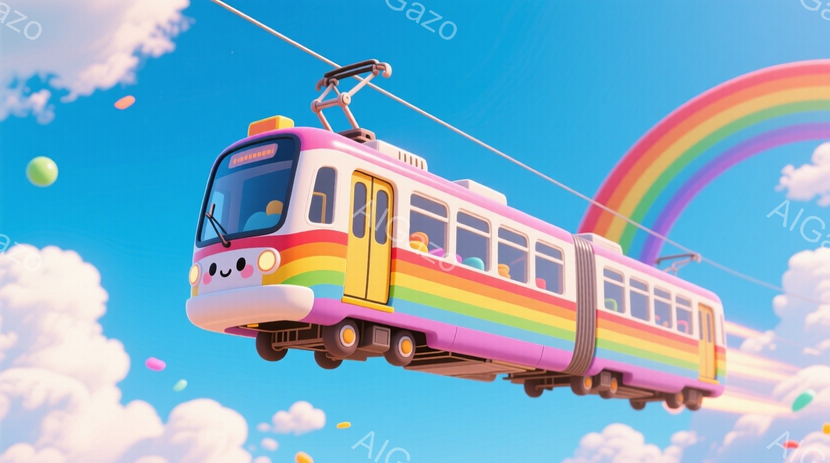 明るい青空を背景に、虹色のカラフルな電車が描かれています。電車は可愛らしい顔を持ち、まるで生きているかのように微笑んでいます。背景にはふわふわとした雲と、キャンディのような小さなオブジェクトが散りばめられ、夢のような雰囲気を醸し出しています。