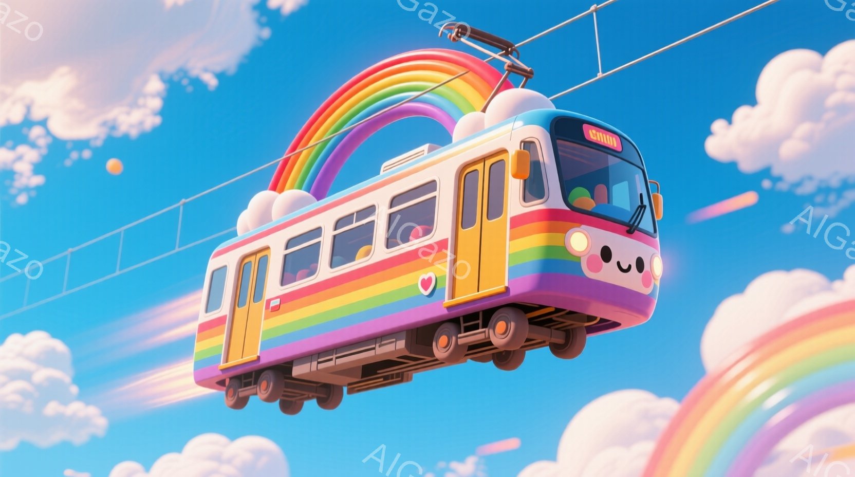 カラフルな電車のイラストで、車体は虹色に彩られています。車両には可愛らしい顔が描かれており、前方のヘッドライトは丸みを帯びた目になっています。背景は青い空と白い雲で、まるで夢のような、明るく楽しい雰囲気が漂っています。