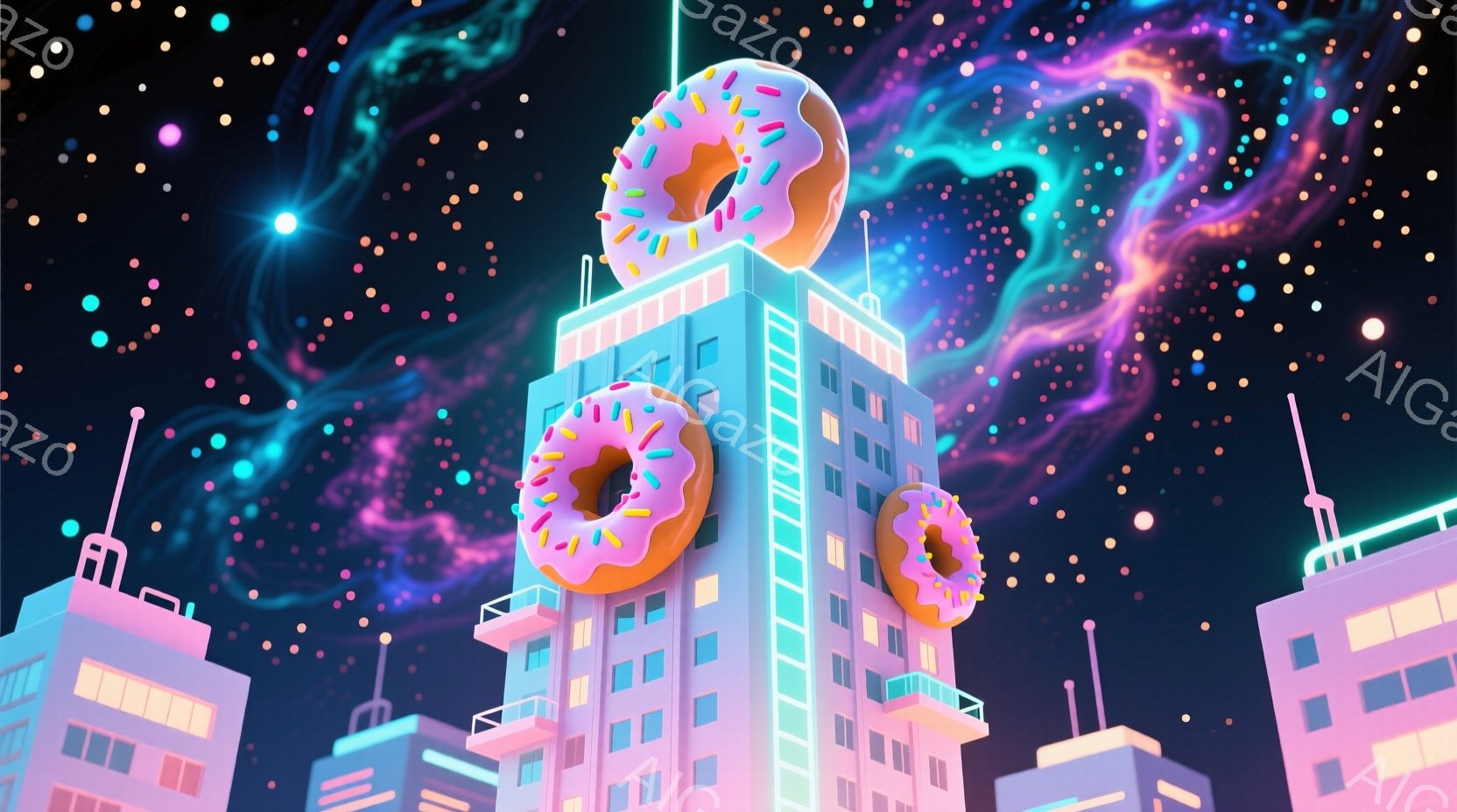 夜空を背景に、可愛らしいパステルカラーの建物群が並んでいる。各建物の屋上には大きなピンク色のドーナツが乗っており、幻想的な雰囲気を醸し出している。背景には紫とピンクの星雲が広がり、まるで夢の中のような - AI生成フリー素材