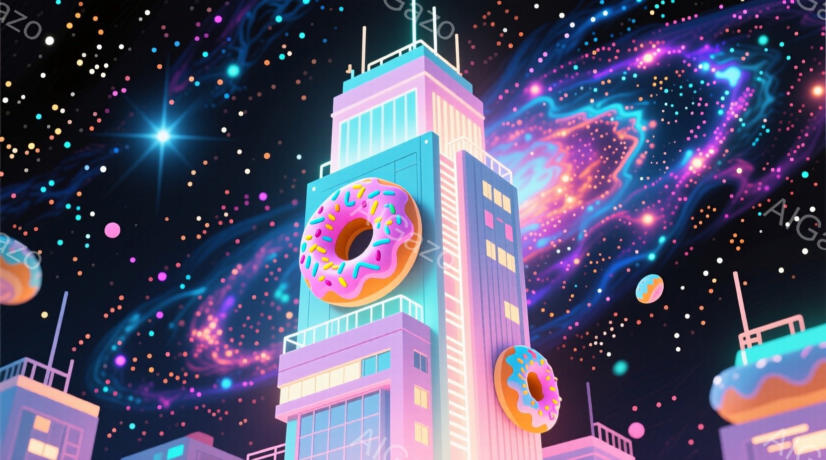 鮮やかなピンクと水色の建物が、夜空に浮かぶドーナツを模した装飾が施され、まるでファンタジー都市のような雰囲気を醸し出しています。背景には、紫とピンクの星雲が広がり、星が散りばめられており、まるで宇宙空 - AI生成フリー素材