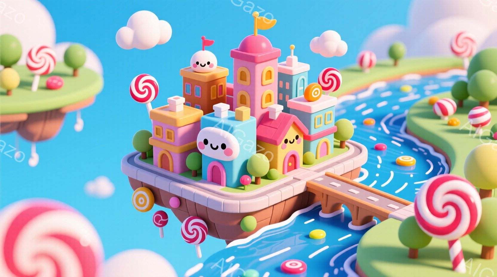 カラフルなキャンディランドが描かれており、丸みを帯びた建物が浮かぶ島を中心に、渦巻いたキャンディが空に浮かんでいます。島は明るいピンク色で縁取られ、水路に囲まれており、全体的に夢のような、遊び心のある雰囲気が漂っています。建物には可愛らしい顔が描かれ、まるで生きているかのような愛らしさを演出しています。