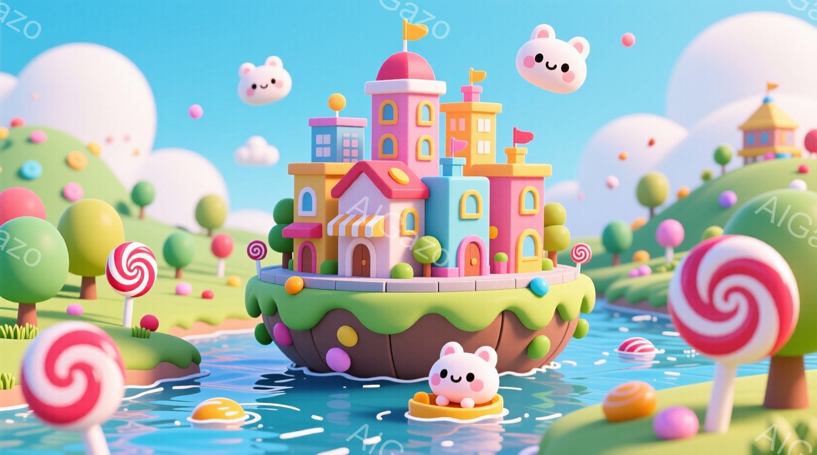 明るい水の上に、キャンディのようなカラフルな島があります。島には、ピンク、オレンジ、青の建物が積み重なり、まるで夢のような風景を作り出しています。背景には、緑の丘、ねじれたキャンディ、そして空には愛ら - AI生成フリー素材