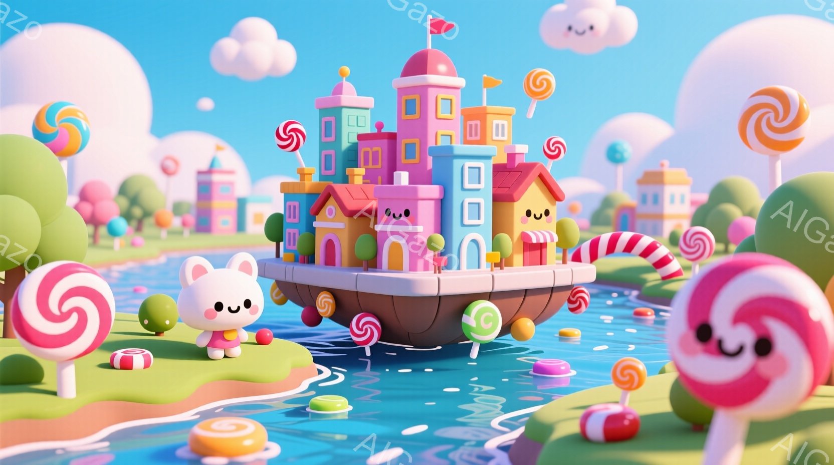 明るい青空の下、キャンディのようなカラフルな建物が浮かぶ幻想的な風景です。可愛らしいウサギのキャラクターが緑の地面に立ち、楽しげな表情をしています。背景には渦巻きキャンディや丸いキャンディが散りばめら - AI生成フリー素材