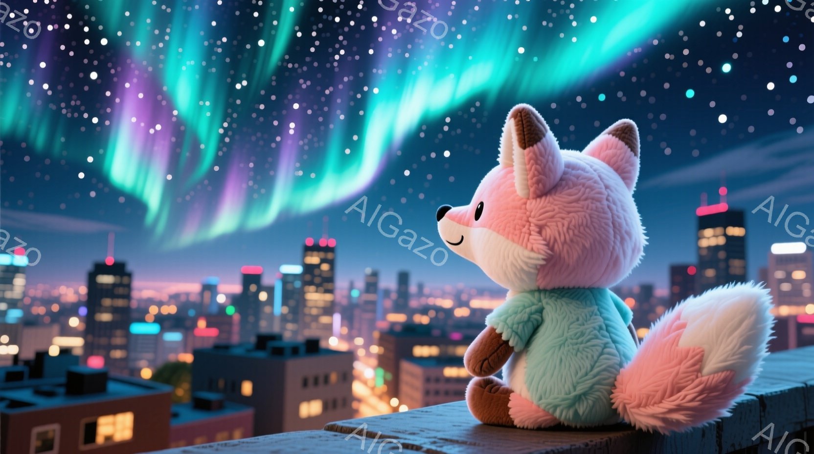 ふわふわのピンクと水色の毛並みを持つキツネが、夜の都市を見下ろす屋上に座っている。キツネはゆったりと座り、片方の足を曲げてリラックスした様子で、遠くの街並みを眺めている。背景には、きらめく夜空と、様々 - AI生成フリー素材