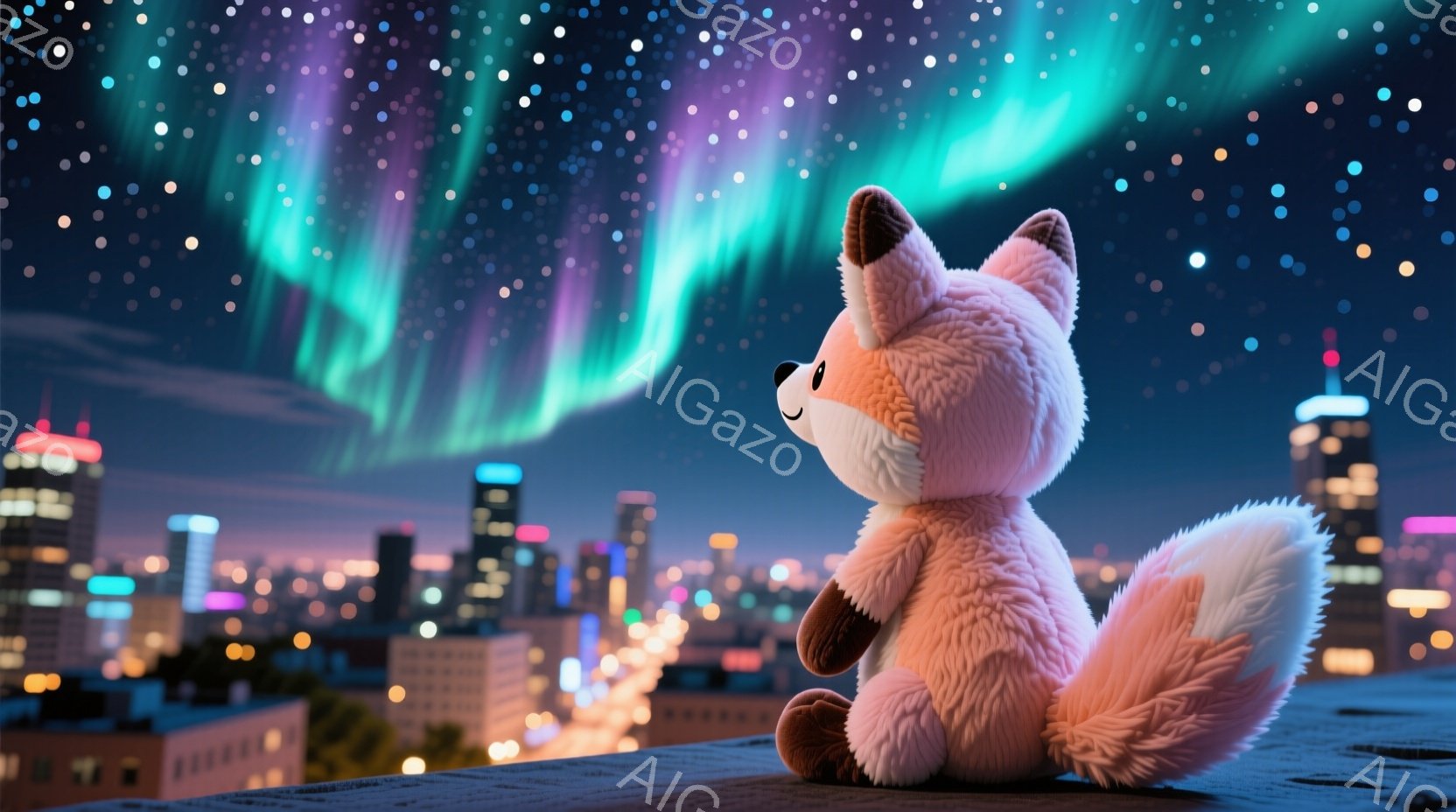 ふわふわのオレンジ色の狐が、都市の夜景を見下ろす屋上に座っています。背景には、鮮やかな緑と紫のオーロラが広がり、街の明かりと星空が幻想的な雰囲気を醸し出しています。狐は少し上目遣いで、穏やかな表情で夜 - AI生成フリー素材