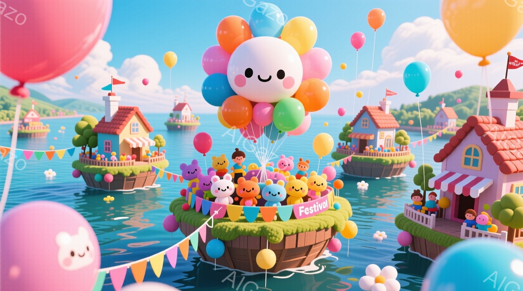 カラフルな風船が多数浮かび、その下に可愛らしい表情のキャラクターたちが密集しています。彼らは皆、単純な形と穏やかな表情をしており、まるで小さな祭りのようです。背景には、パステルカラーの可愛らしい家々が - AI生成フリー素材