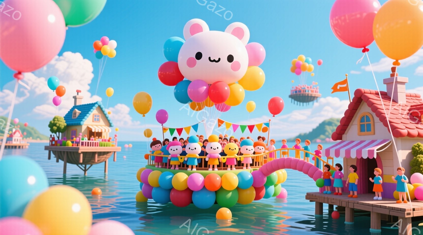 カラフルな風船で作られた巨大なウサギの形をしたフロートが、穏やかな海の上を漂っています。フロートの上には、同じような顔立ちとオレンジ色の服を着た小さな人々が密集しており、楽しそうに手を振っています。背景には、カラフルな屋根とデッキを持つ可愛らしい家がいくつか浮かび、明るい太陽光と穏やかな波が、全体的に陽気で夢のような雰囲気を醸し出しています。