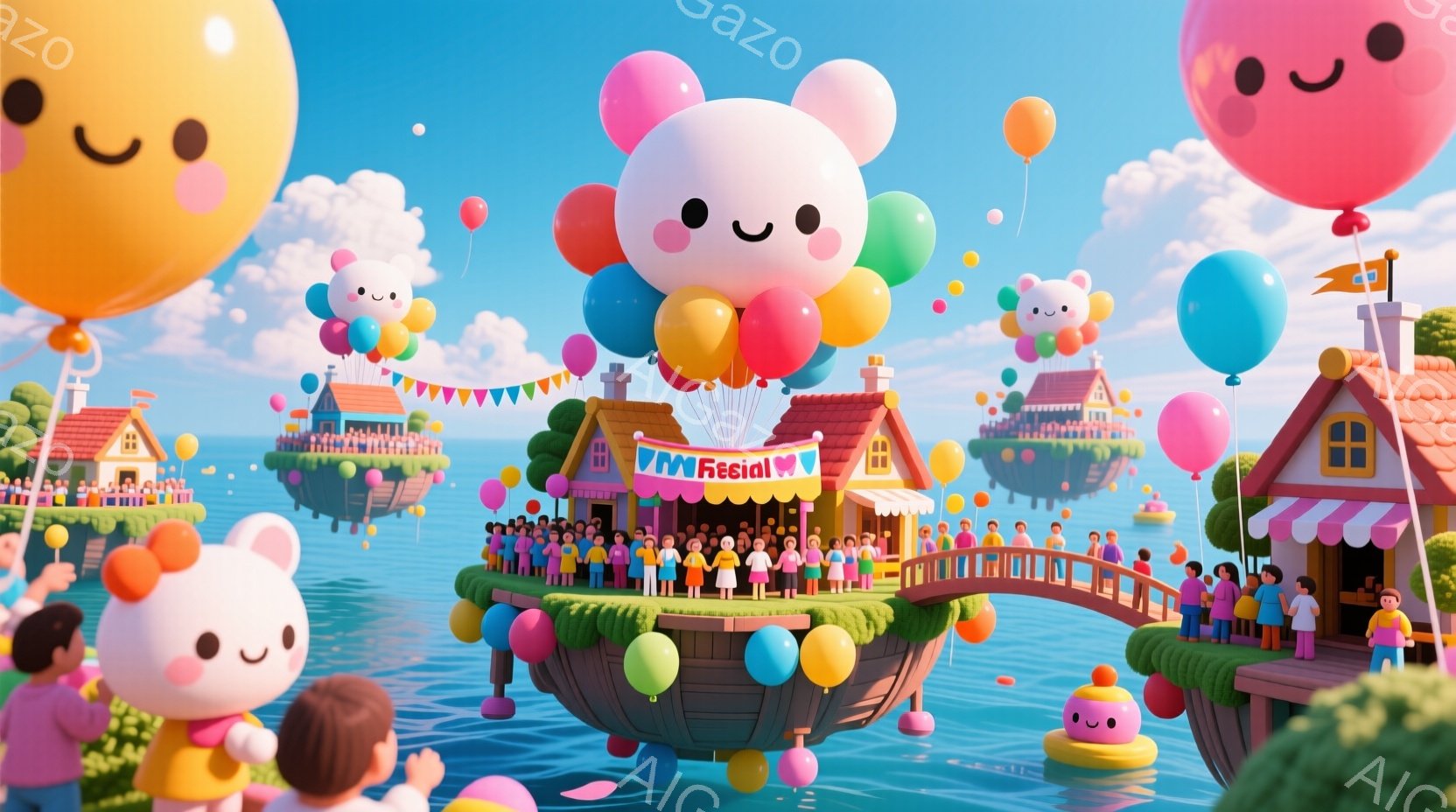 空に浮かぶ島々が連なる幻想的な光景が描かれています。カラフルな家々が建ち並び、小さな人々が橋の上や広場で楽しそうに集まっています。人々は様々な色の服を着ており、笑顔で活気に満ちた雰囲気を醸し出しています。