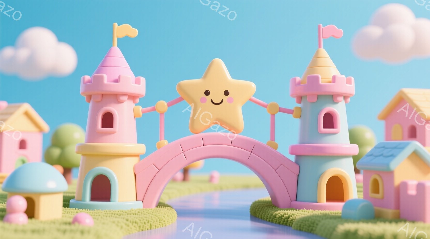 パステルカラーで描かれたファンタジーの世界を表しています。星の形をしたキャラクターが、ピンク色のアーチ橋の上に立って両手を広げ、左右に可愛らしい塔が配置されています。背景には、緑の丘、小さな家々、そしてふわふわとした雲があり、全体的に明るく、遊び心のある雰囲気です。
