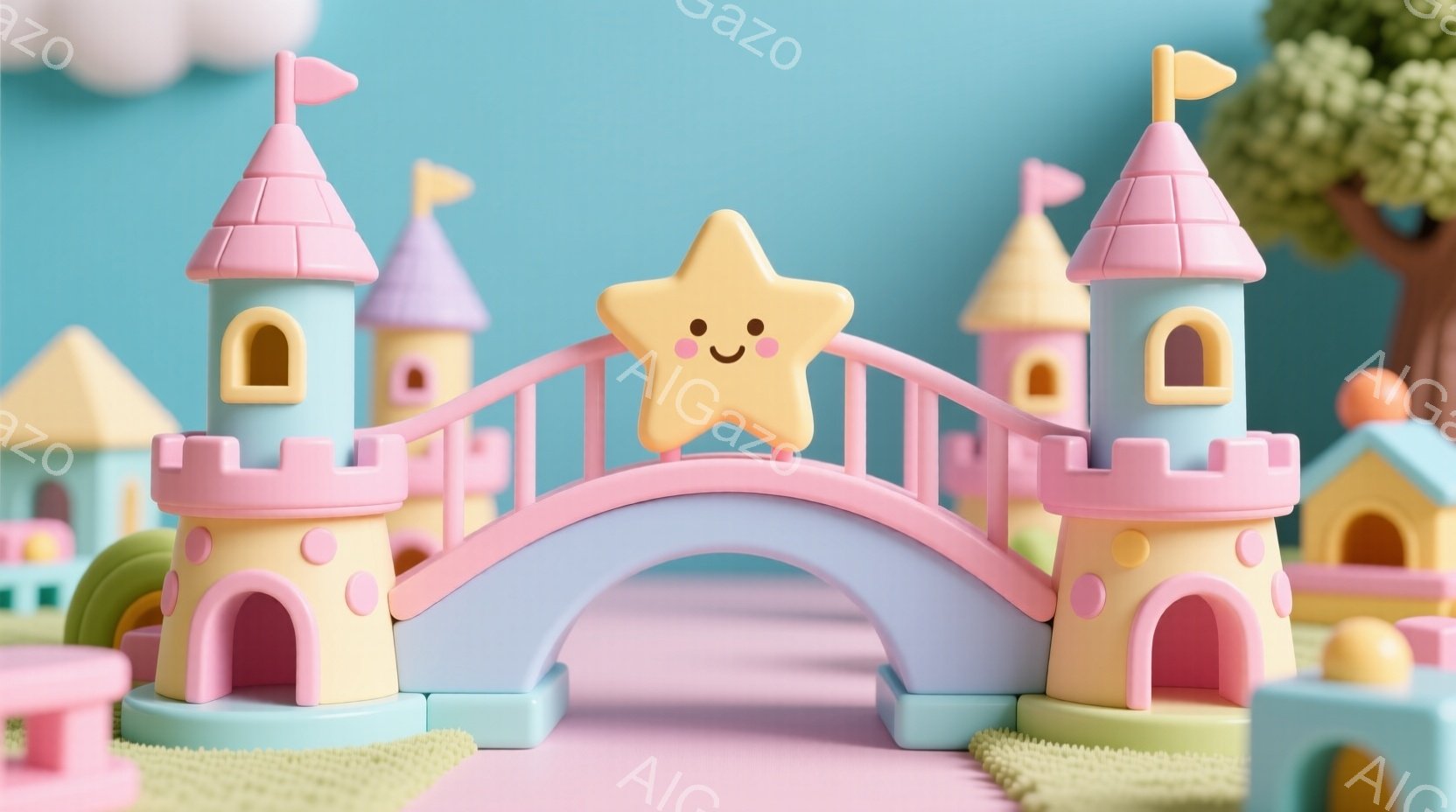 パステルカラーの可愛らしいお城と橋のイラストです。橋の上には笑顔の星が浮かんでおり、お城はピンクと水色の優しい色合いで、まるで絵本の世界のようです。背景には、小さなお家や緑の木々が配置され、全体的に温 - AI生成フリー素材
