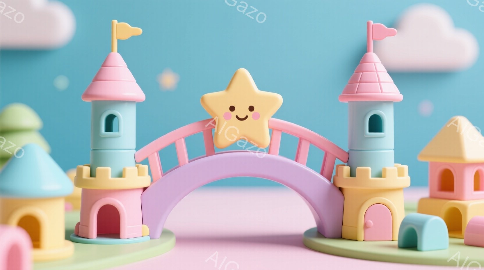 パステルカラーの可愛らしいお城と橋のイラストです。黄色い笑顔の星が橋の中央に浮かび、柔らかい光が全体を包み込んでいます。背景には、淡いピンク色の地面と、ふわふわとした雲が描かれており、夢のような優しい - AI生成フリー素材