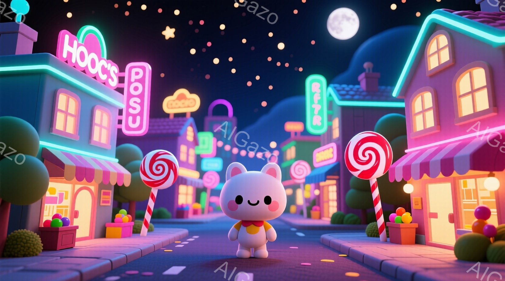 キャンディーのようなカラフルな街並みが広がる様子を描いています。中央には、白いふわふわの帽子と耳を持つ、可愛らしいウサギのキャラクターが立っており、つぶらな瞳でこちらを見つめています。背景には、渦巻き - AI生成フリー素材