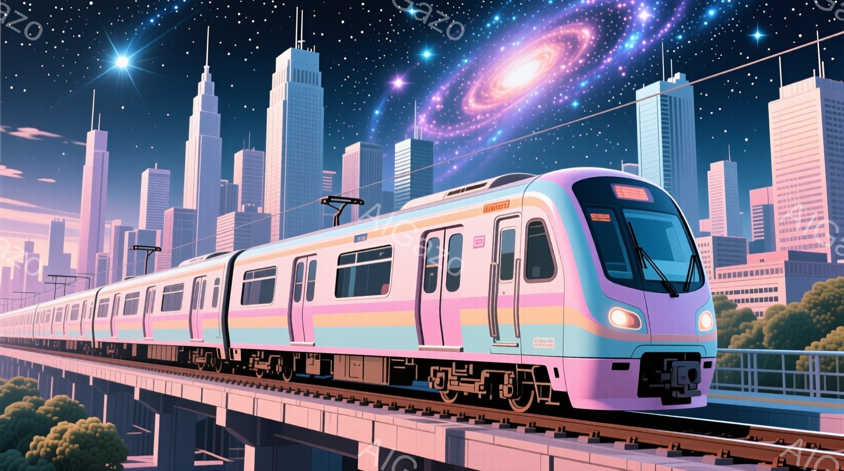 未来的な都市を走る鮮やかなピンクと水色の電車が描かれています。高層ビル群が夜空に立ち並び、遠くには幻想的な銀河が輝いています。全体的に、夢幻的で希望に満ちた雰囲気です。 - AI生成フリー素材