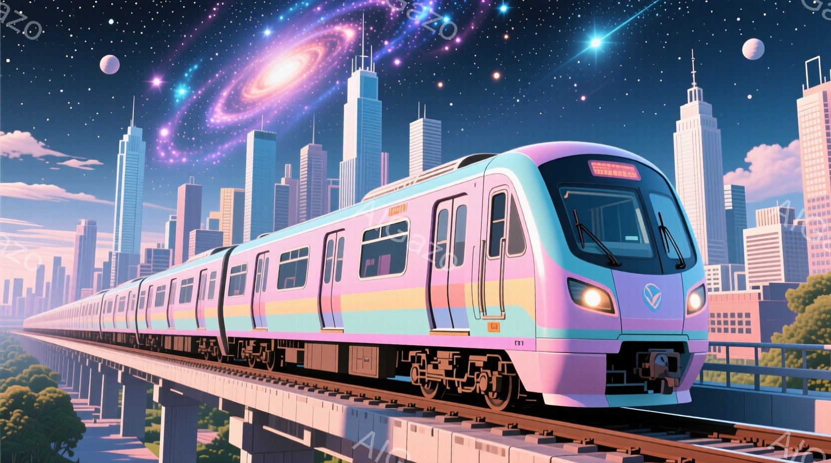 未来的な都市を背景に、ピンクと水色の美しい地下鉄が線路の上を走っている。高層ビル群が夕焼けのような空の下に並び、遠くには月が見える幻想的な風景だ。全体的に、希望と静けさを感じさせる、夢のような雰囲気のイラストである。