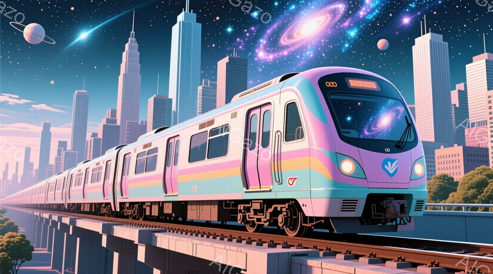 未来的なデザインの電車が、高架線路の上を走っている様子が描かれています。電車はピンク、水色、紫色のグラデーションで彩られ、前面には銀河を模した模様が描かれています。背景には高層ビル群が立ち並び、遠くに - AI生成フリー素材