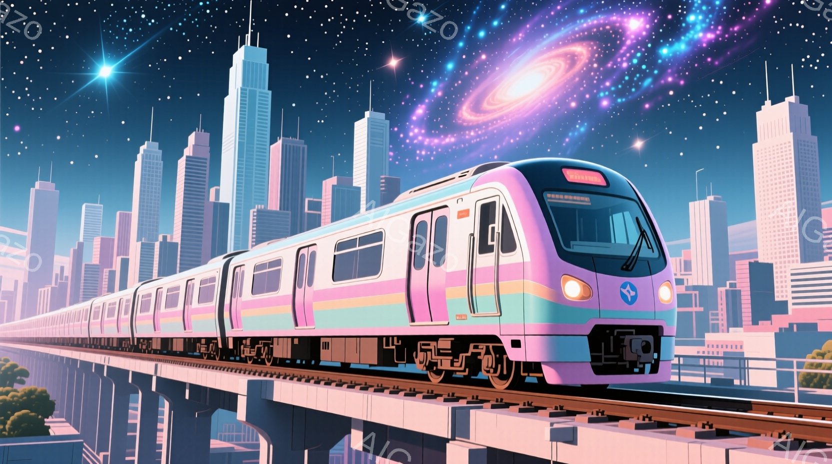 明るいピンクと水色の列車が、高架線路の上を夜の都市を進んでいます。背景には、そびえ立つ高層ビル群が星空と幻想的な銀河の光の中で輝き、未来的な雰囲気を作り出しています。列車は滑らかで現代的なデザインで、 - AI生成フリー素材