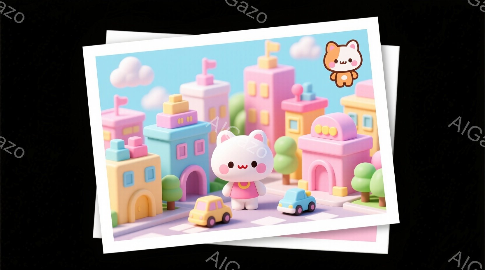 ピンク色の可愛らしい猫のキャラクターが、クリーム色のシャツとピンク色のスカートを着て、道路の中央に立っています。背景には、パステルカラーの建物が並び、緑の木と青空が広がっており、晴れた穏やかな日の光景 - AI生成フリー素材