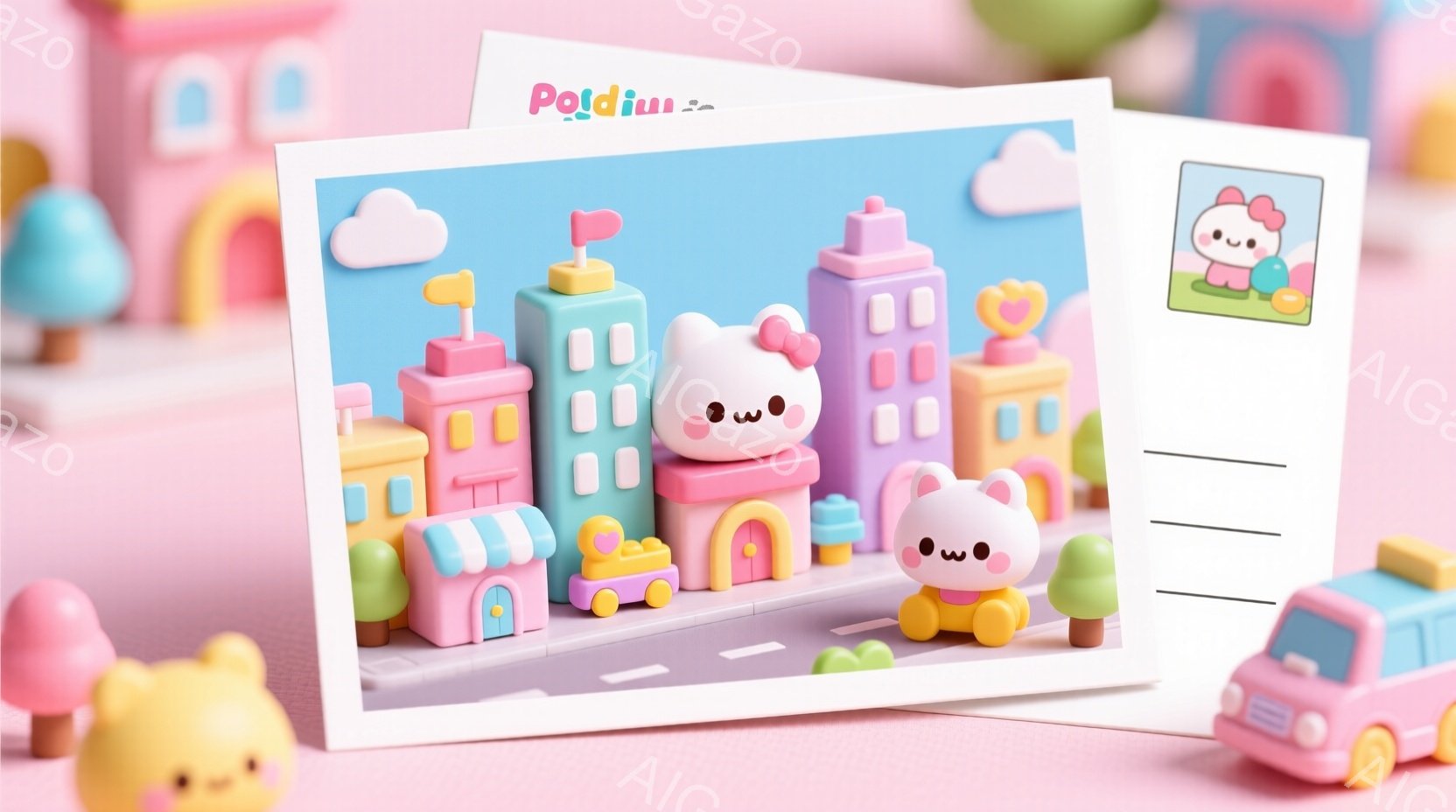 鮮やかなピンクとパステルカラーの街並みが描かれた、可愛らしいイラストです。丸い顔に小さな目と口を持つ、ピンク色のキャラクターが2体、街の中を歩いているように見えます。背景には、アーチ型の入り口やカラフ - AI生成フリー素材