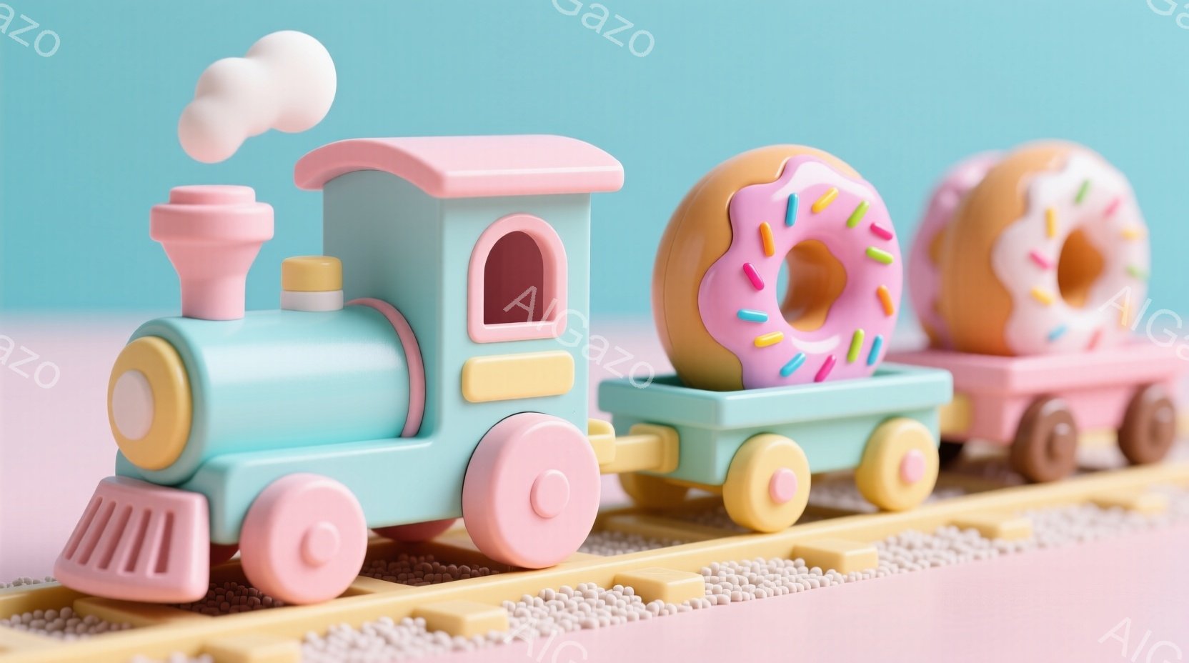 明るい水色の蒸気機関車が、ピンク色の車輪と車体を持つ列車を引いている。蒸気機関車の煙突からは白い煙が立ち上り、ピンク色の車輪でできた貨車には、カラフルなアイシングが施されたドーナツが積み重ねられている - AI生成フリー素材