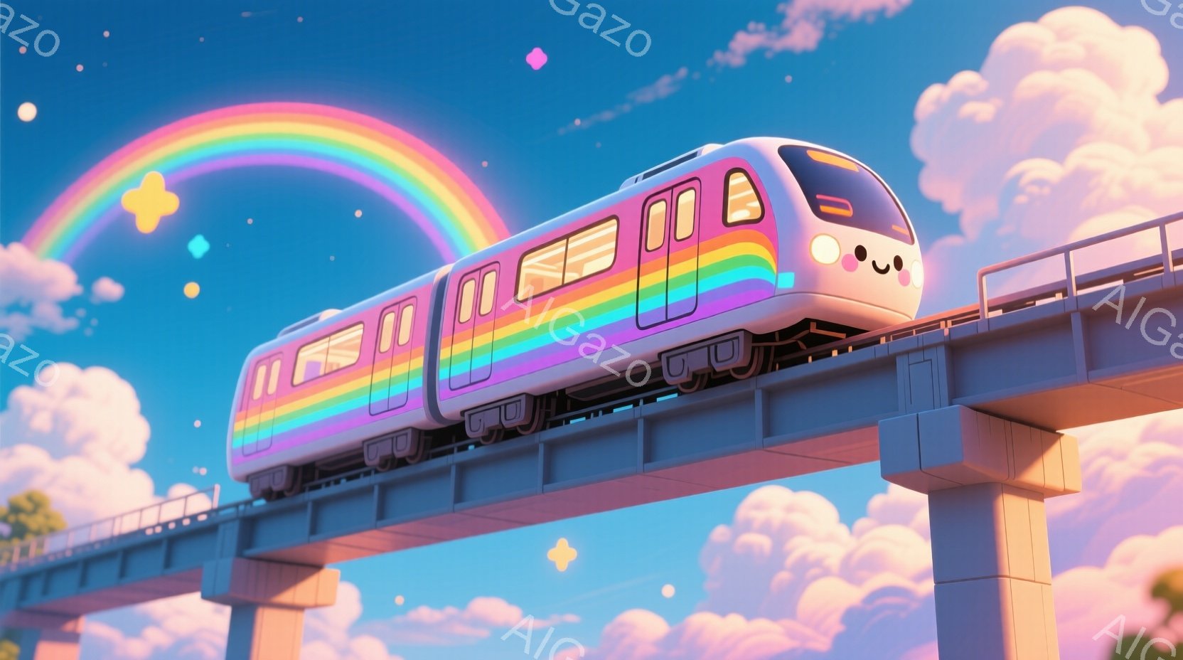 カラフルな虹色のモノレールが、ピンク色の空とふわふわの雲の上に走っています。モノレールは可愛らしい表情をしており、未来的なデザインと穏やかな色彩が特徴です。背景にはパステルカラーの雲が広がり、星やキラキラ光るエフェクトが幻想的な雰囲気を醸し出しています。
