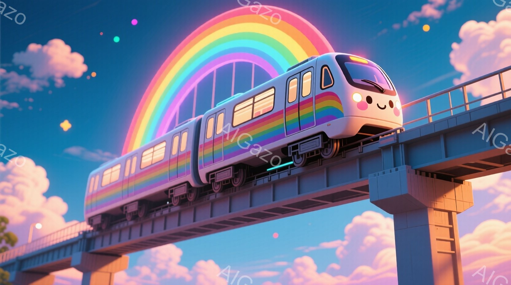 虹色のカラフルな列車が、青空とピンク色の雲の下、高架鉄道の上を走っている。列車は顔が描かれており、親しみやすい表情を浮かべている。背景には、パステルカラーの雲が広がり、全体的に夢のような、陽気な雰囲気を醸し出している。