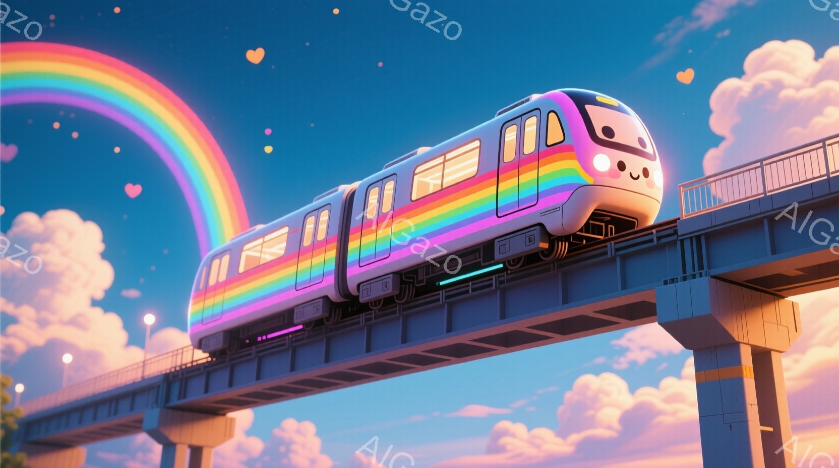 カラフルな虹色の電車が、高架鉄道の上を走っている。空はピンクとオレンジのグラデーションで、ふわふわとした白い雲が広がっている。全体的に夢のような、明るく希望に満ちた雰囲気が漂っている。 - AI生成フリー素材