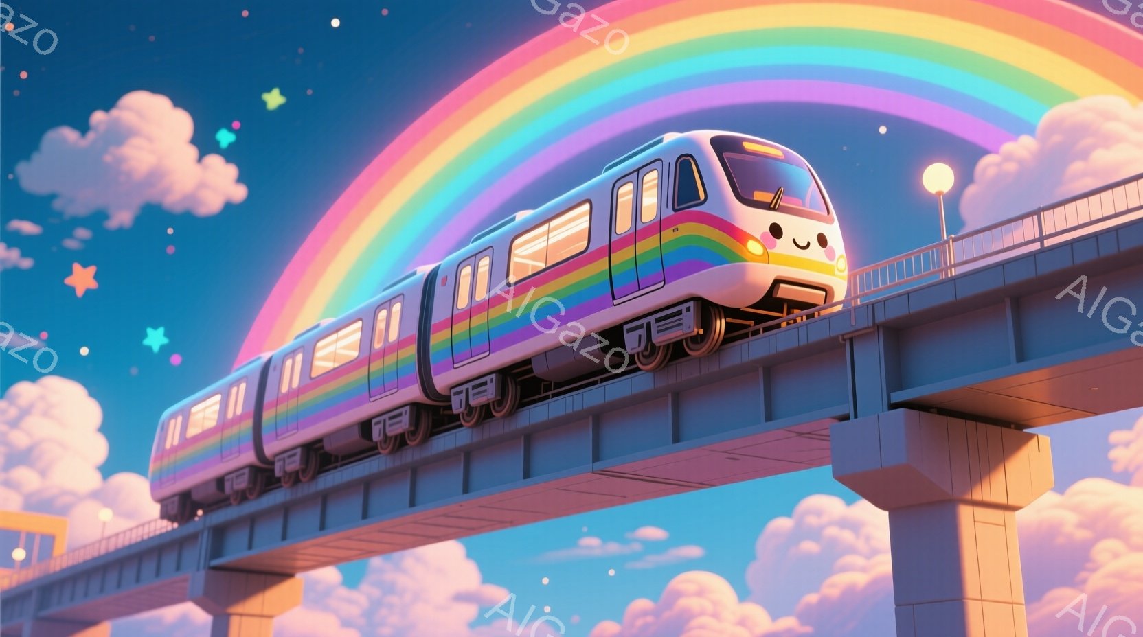 カラフルな虹色の電車が、雲の上に架かる高架線の上を走っている。電車の窓は明るく光り、周囲には星や雲が浮かび、ファンタジーのような雰囲気を醸し出している。背景はパステルカラーで彩られ、穏やかで夢幻的な情 - AI生成フリー素材