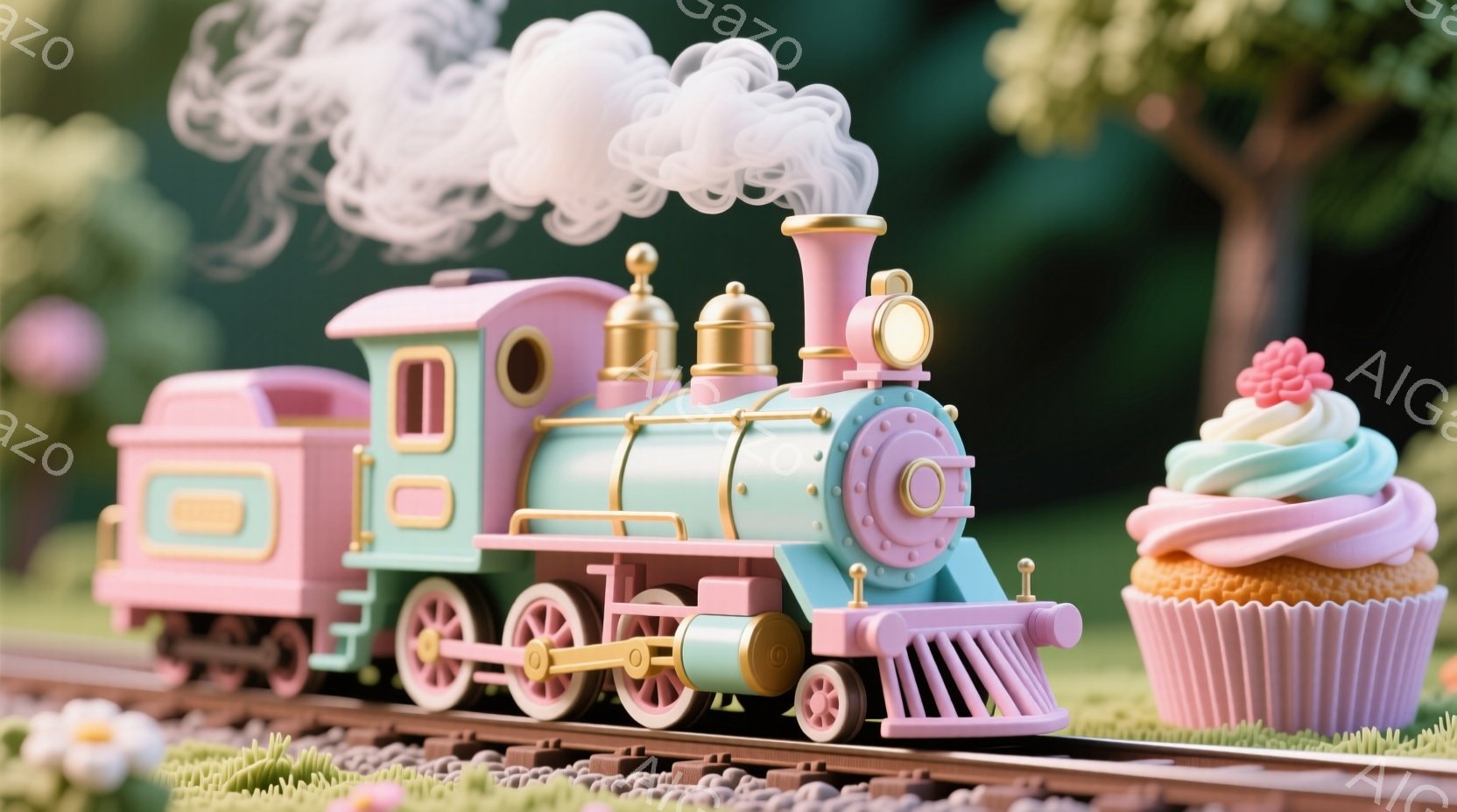 淡いピンクと水色の蒸気機関車が、緑の芝生の上を走る線路の上に止まっています。機関車の隣には、クリームとピンクのアイシングが施された大きなカップケーキがあり、背景にはぼやけた緑の木々が見えます。全体的に - AI生成フリー素材