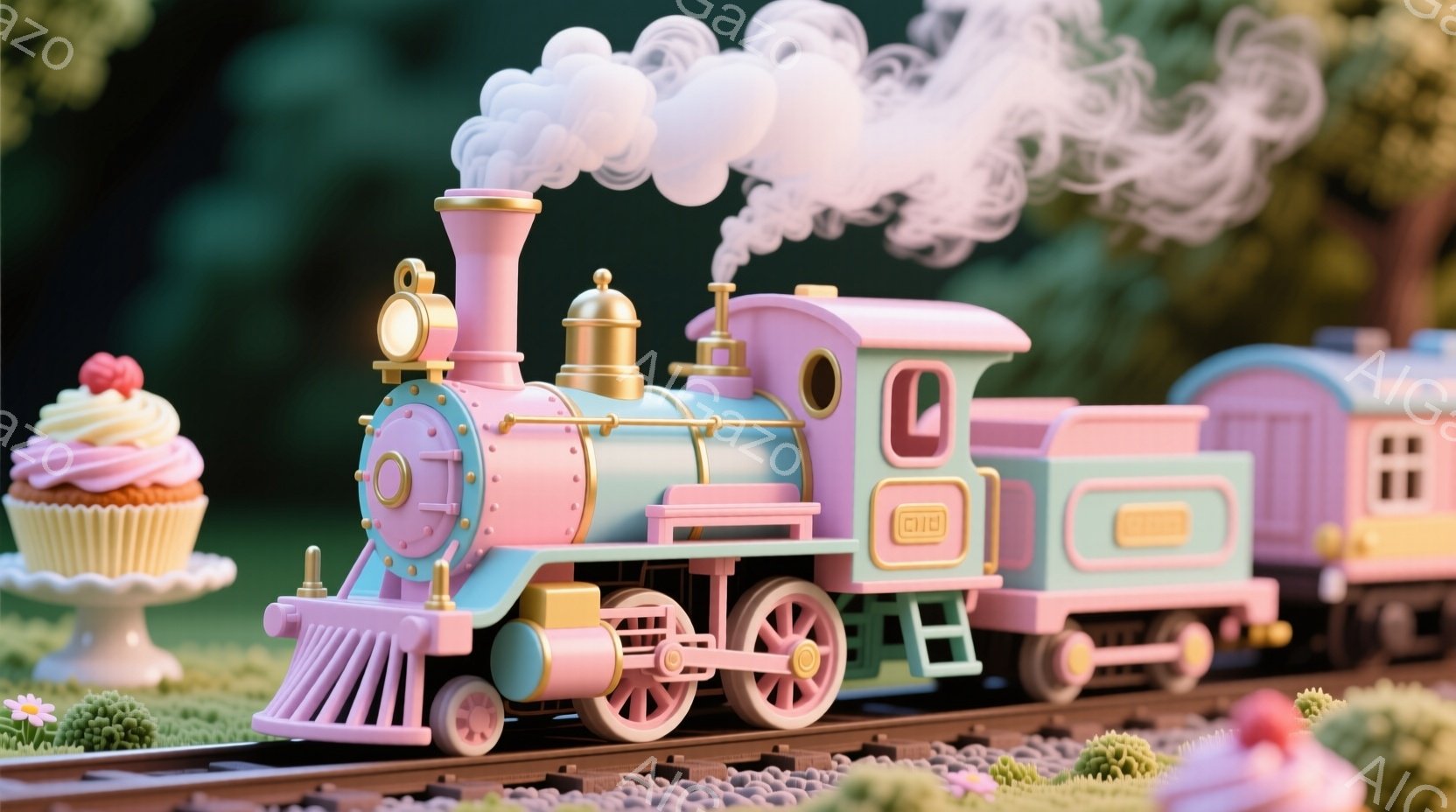鮮やかなピンクと水色の蒸気機関車が、お菓子の装飾が施された線路の上を走っている様子が描かれています。機関車の先頭には、クリームとイチゴが飾られたケーキが載せられ、背景には緑の芝生と小さな花々が広がって - AI生成フリー素材