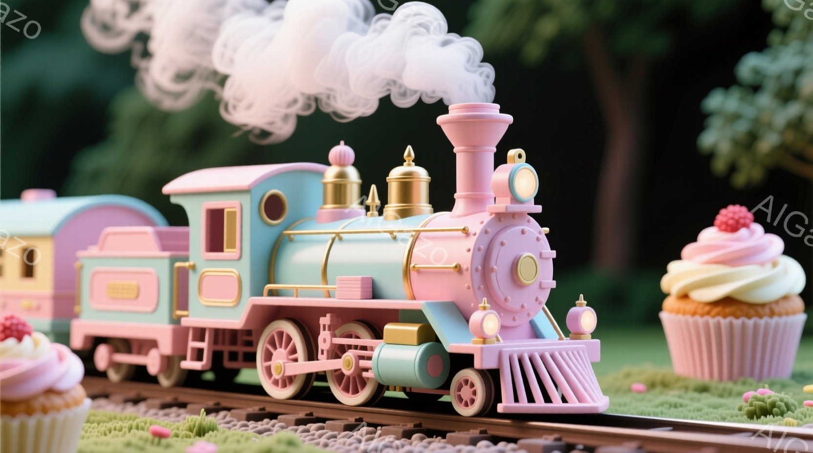 明るい緑の芝生の上を、ピンクと水色の可愛らしい蒸気機関車が走っています。背景には、クリームとイチゴがトッピングされたカップケーキがいくつか置かれており、夢のような甘い世界観を演出しています。蒸気機関車の煙は綿菓子のようにふわふわとしており、全体的にパステルカラーで優しい雰囲気です。
