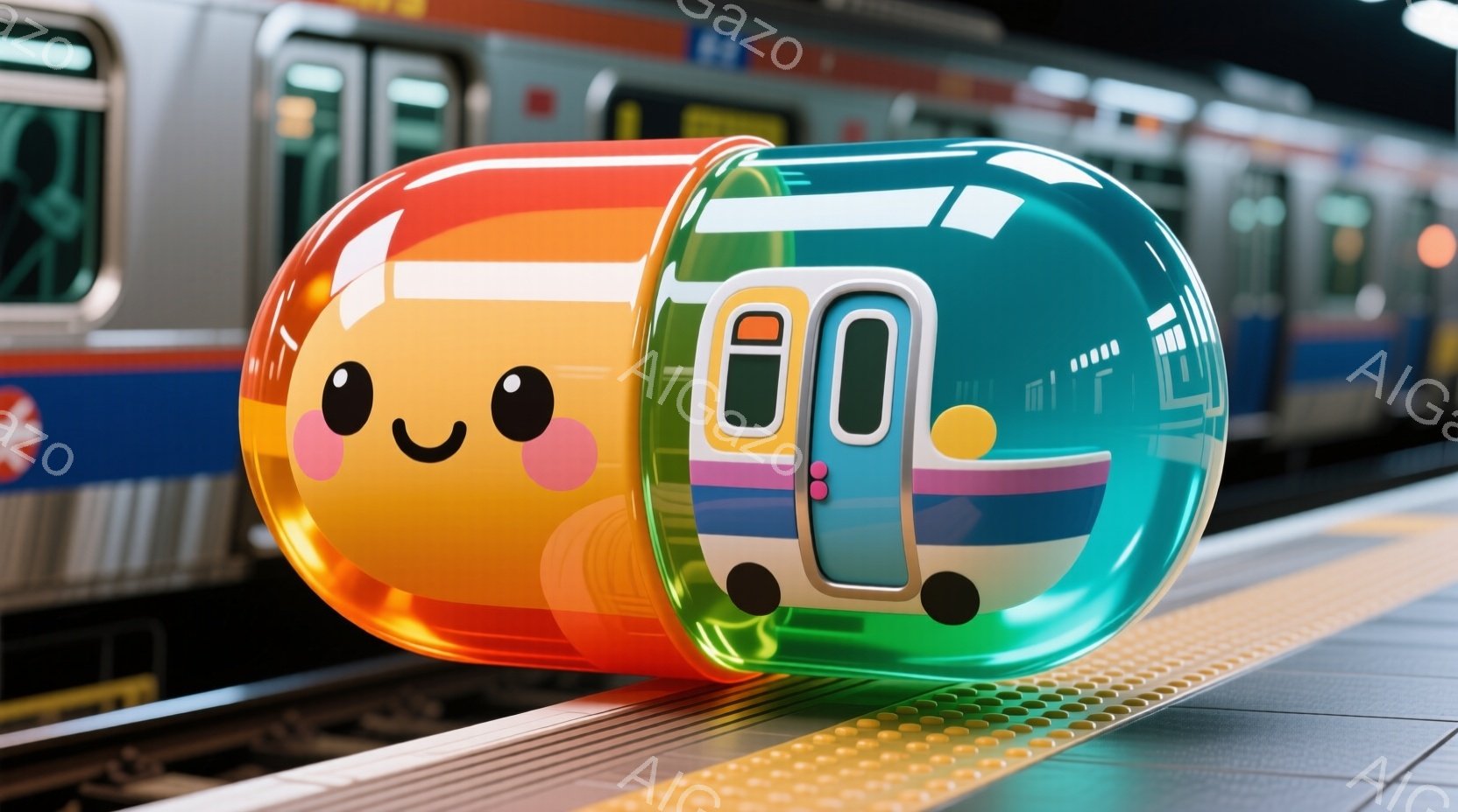 カラフルな球体の中に電車が閉じ込められたような、可愛らしい光景です。球体はオレンジ、ピンク、水色、紫とグラデーションになっており、電車の窓のように丸い目が付いています。背景には鉄道の線路と電車が見え、駅のプラットフォームに置かれているように見えます。