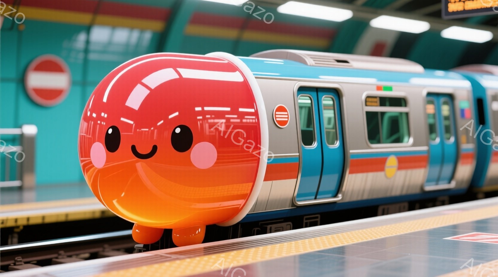 まるでキャンディのような可愛らしいデザインの電車が駅のプラットフォームに停車している様子を描いています。電車の先頭部分は丸みを帯びたオレンジ色で、顔のような表現が施されており、明るく楽しい雰囲気を醸し出しています。背景には駅のホームと線路が見え、全体的にポップで遊び心溢れるイメージです。