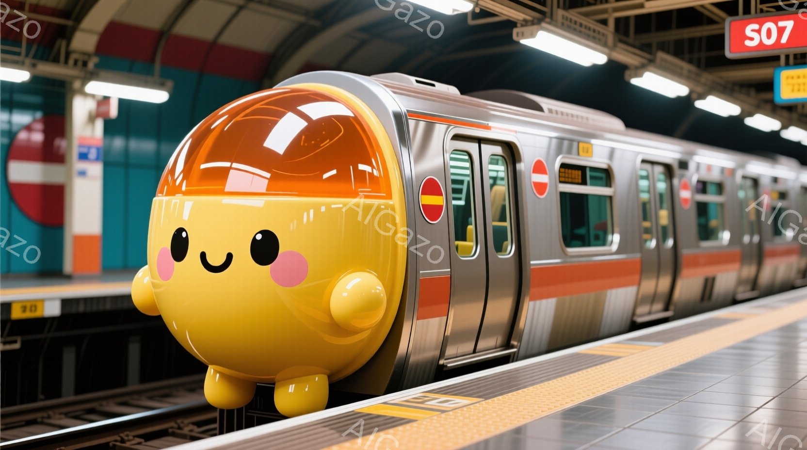 黄色い電車が、まるでキャラクターのように可愛らしい表情をして駅に停車している。電車の先頭部分には大きな目と口が描かれ、まるで生きているかのような愛らしさを演出している。背景には駅のプラットフォームと線 - AI生成フリー素材