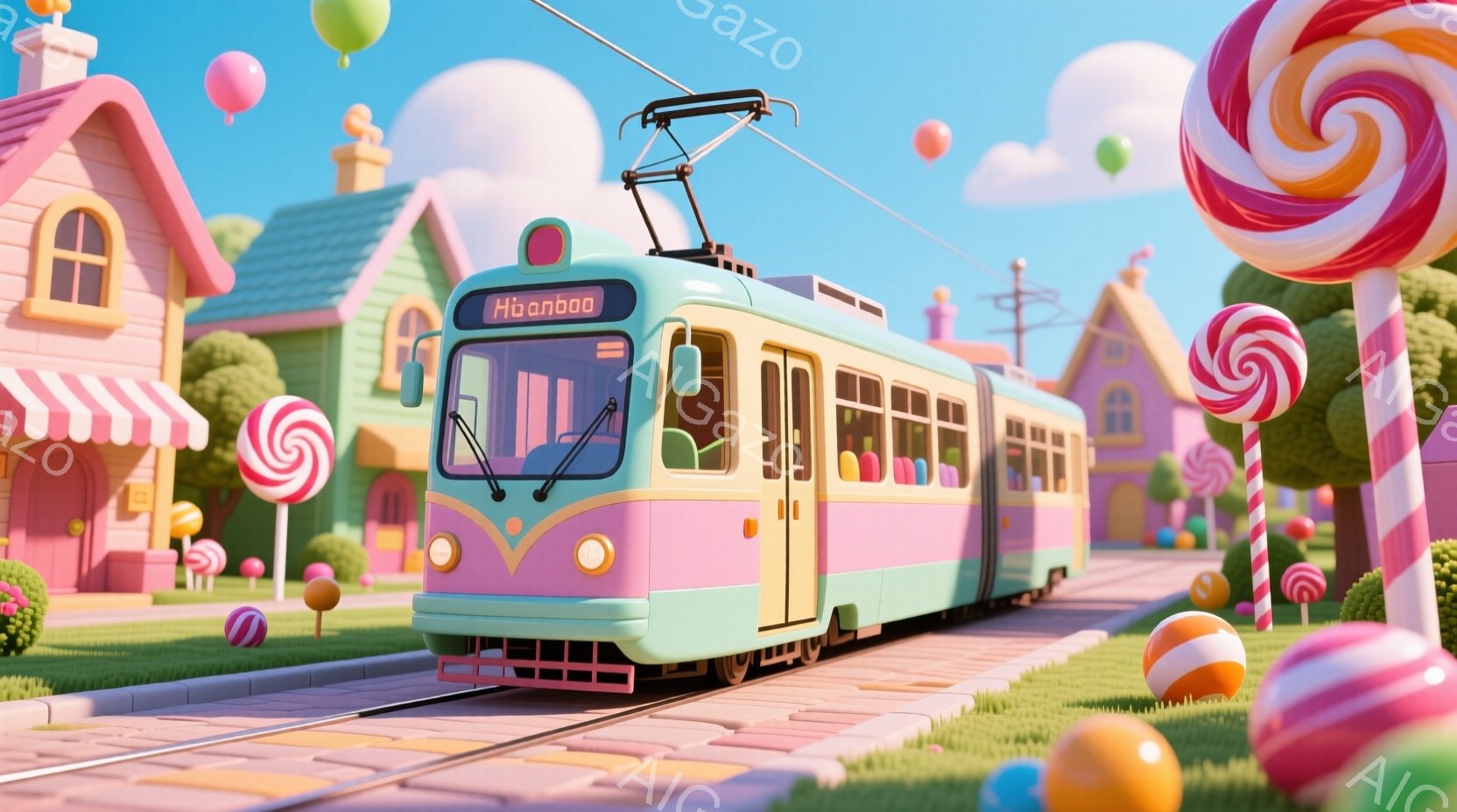 明るいピンクと水色のレトロな路面電車が線路の上を走っています。背景にはカラフルな家々が立ち並び、巨大なキャンディーや風船が空に浮かんでいます。全体的にパステルカラーで彩られ、おとぎ話のような夢幻的な雰 - AI生成フリー素材