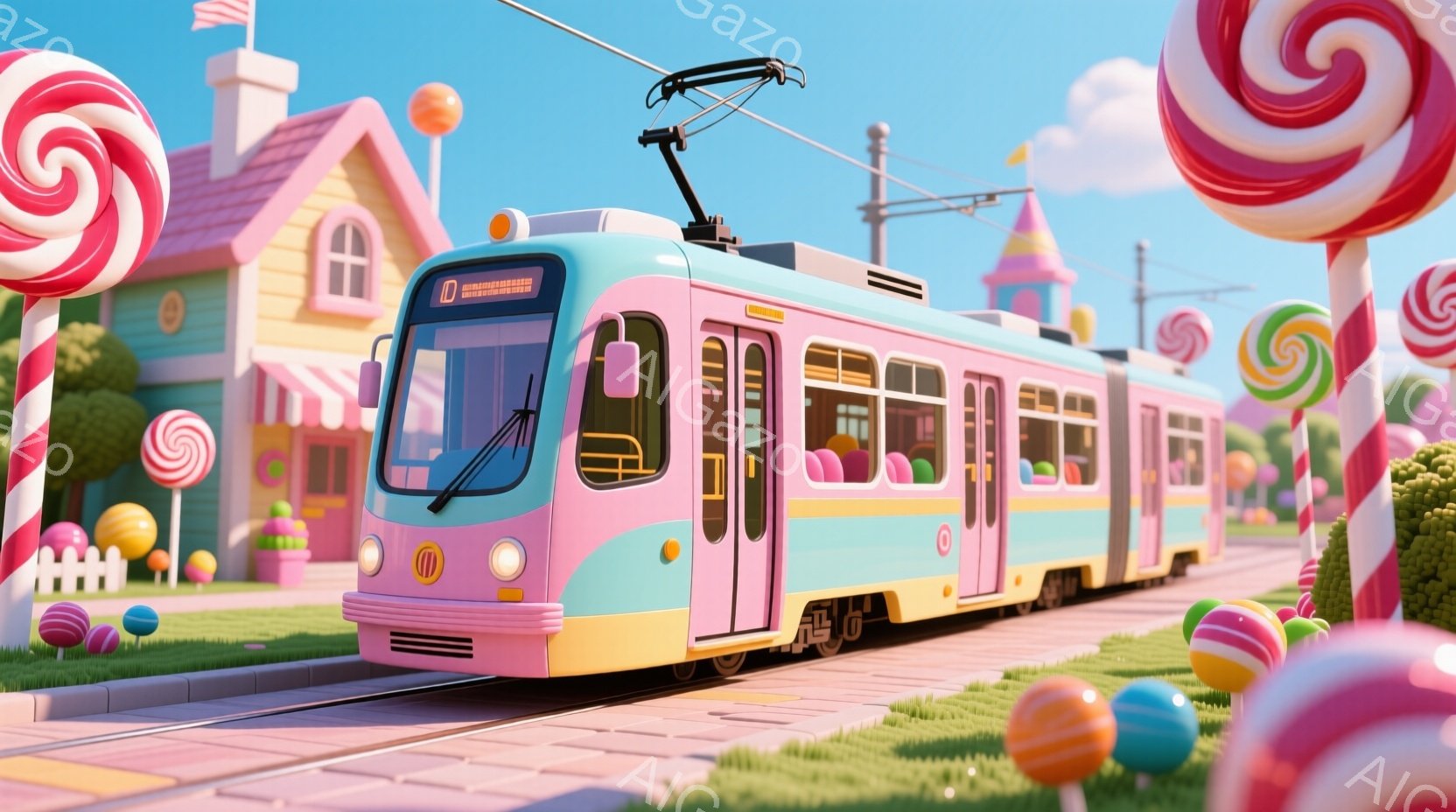 明るいピンクと水色の電車が、キャンディのような装飾がされた街を走っている。背景には、渦巻きキャンディのオブジェやカラフルな建物が並び、まるで夢のようなお菓子の国のような雰囲気だ。空は晴れていて、全体的に甘くて楽しい雰囲気を醸し出している。