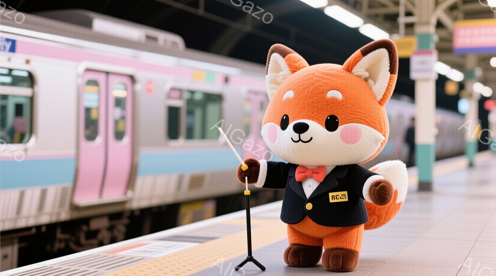 オレンジ色の毛並みを持つキツネのキャラクターが、黒いスーツと白いシャツ姿で駅のホームに立っている。片手に指揮棒を持ち、凛々しい表情で何かを指揮するようなポーズをとっている。背景にはピンクと水色の電車が停車しており、駅のプラットフォームの様子がうかがえる。