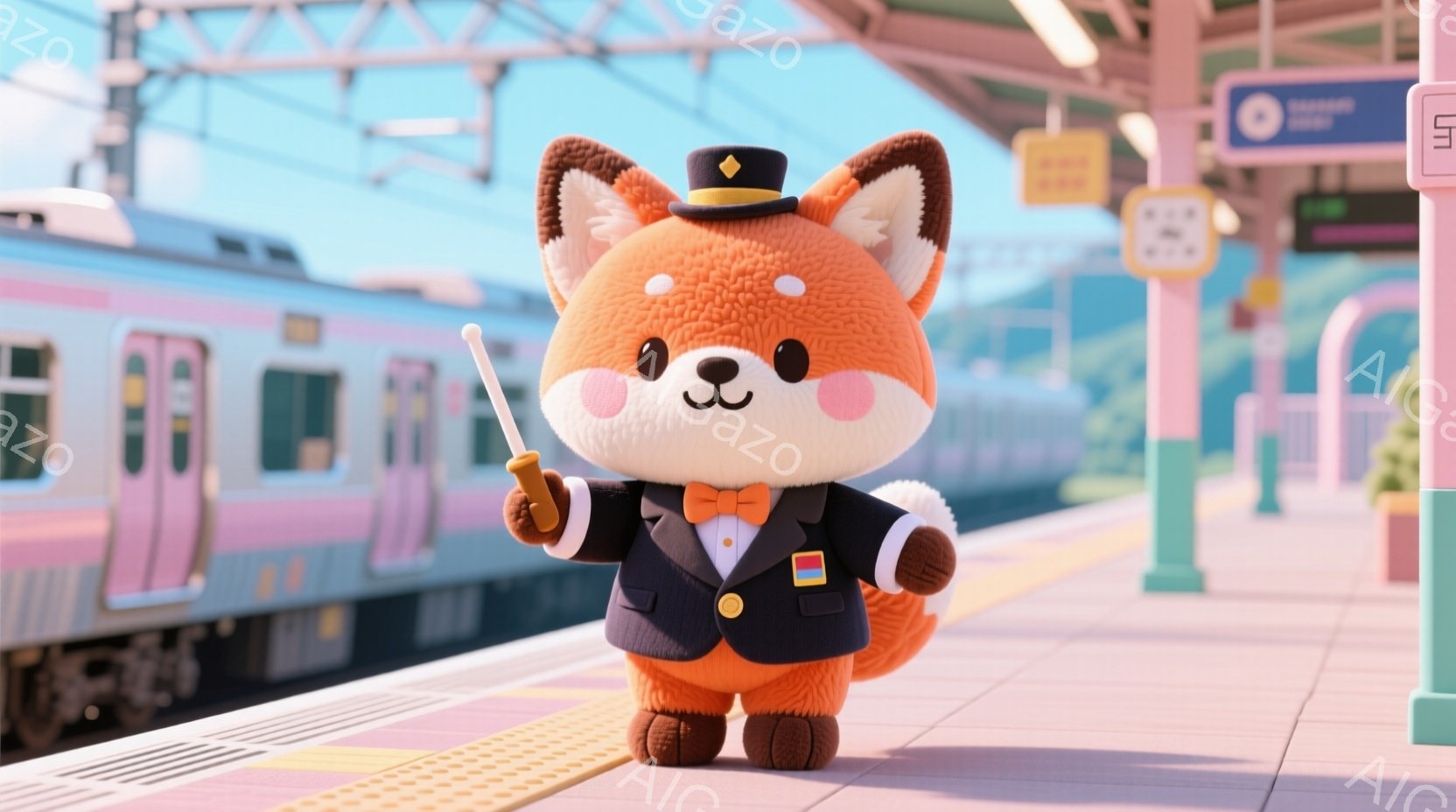 オレンジ色のふわふわした狐のキャラクターが、黒い制服を着て、駅のプラットフォームに立っています。金色の縁取りと黄色いネクタイがアクセントで、片手に指揮棒を持っています。背景にはピンク色の列車と、春らしい緑の丘が見え、明るく楽しい雰囲気です。