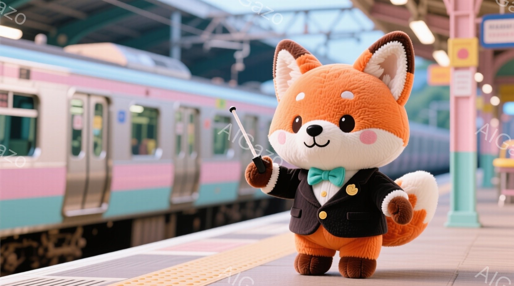 明るいオレンジ色の毛並みを持つキツネのキャラクターが、黒いスーツと水色の蝶ネクタイを着用し、プラットフォームに立っています。片手に持った杖を軽く構え、自信に満ちた表情で何かを指し示しているようです。背 - AI生成フリー素材