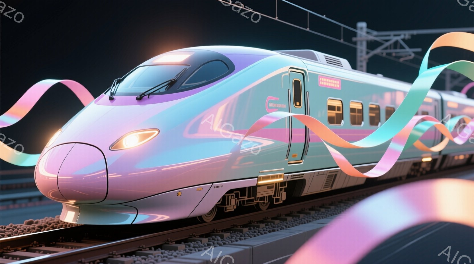 未来的な新幹線が線路の上を疾走している様子が描かれている。車両はパステルカラーのグラデーションで彩られ、幻想的な光の帯が周囲を漂うことで、スピード感と未来的な雰囲気を強調している。暗い背景と線路、そして車両の鮮やかな色彩のコントラストが、見る者を惹きつける。