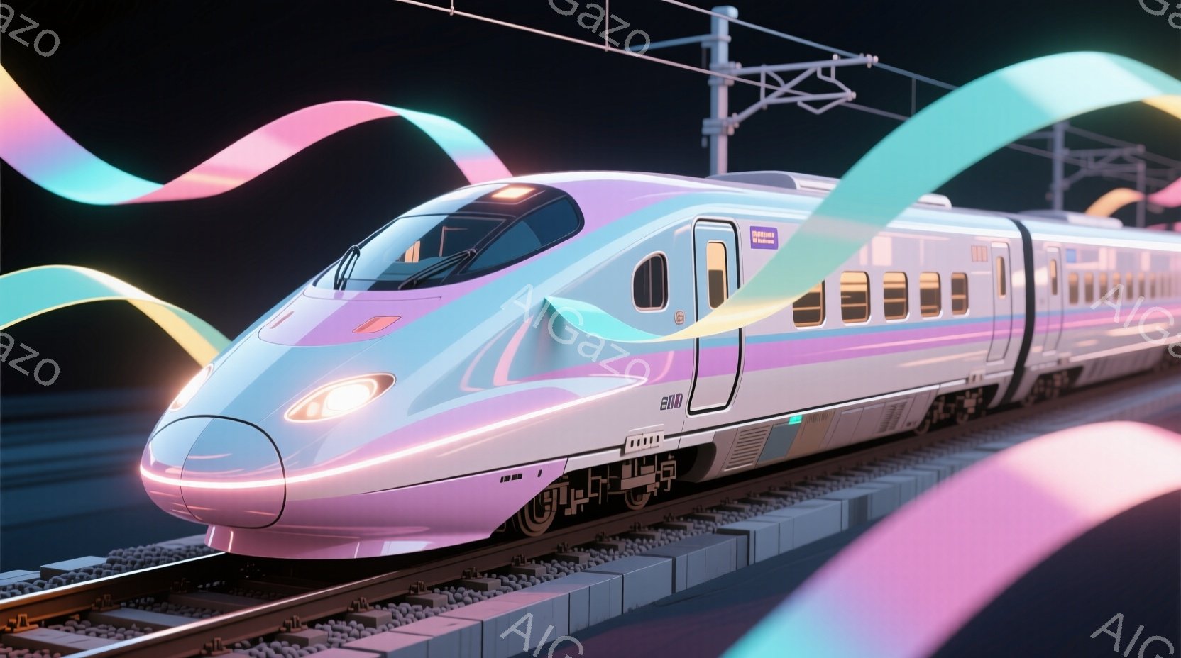未来的な新幹線がレールの上を高速で走っている様子が描かれています。車両は白を基調とした配色で、紫やピンクのラインがアクセントとなり、非常にスタイリッシュな印象を与えます。背景は暗く、車両の周囲にピンクや水色の光の筋が描かれ、スピード感と近未来的な雰囲気を強調しています。