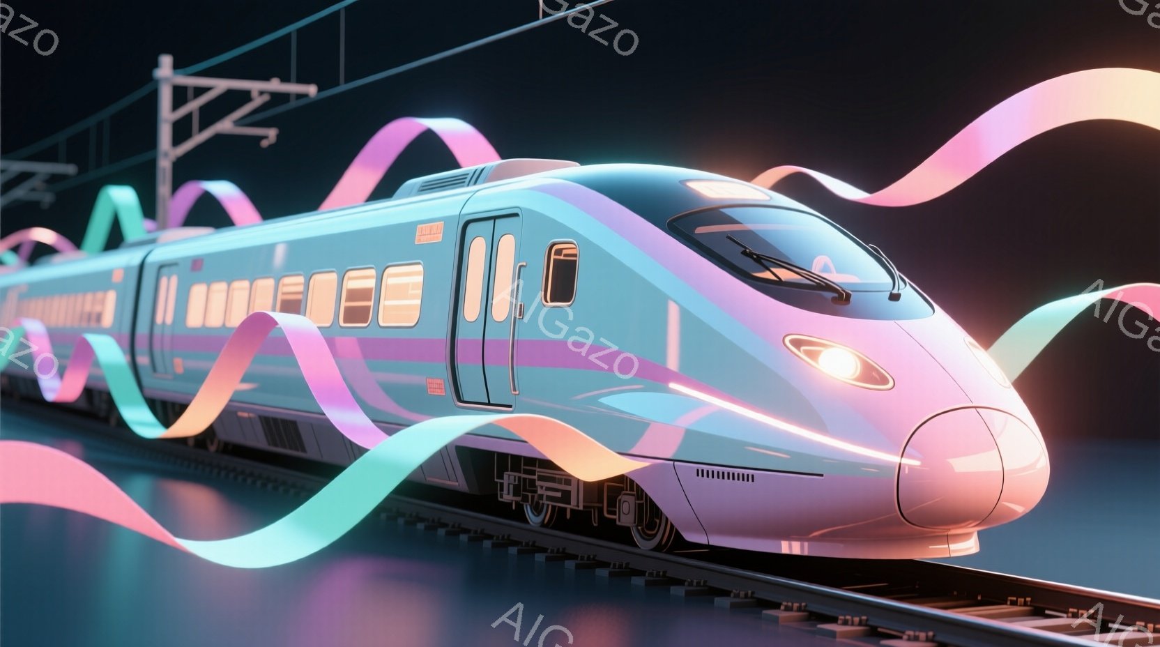 未来的な新幹線が、鮮やかなピンクと紫色の光の帯に包まれて疾走している様子が描かれている。線路は光沢があり、周囲は暗闇で、新幹車のスピード感を強調している。全体として、幻想的で近未来的な雰囲気を醸し出している。