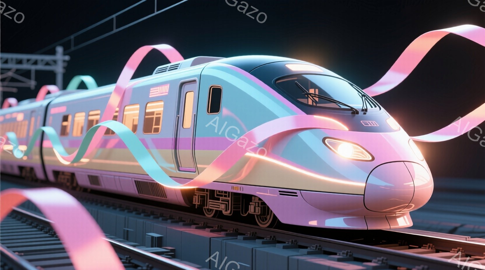 未来的な新幹線が、夜の線路を疾走している様子が描かれています。車両はピンクと水色のグラデーションがかった外観で、周囲を光るリボンが飾り立てています。暗い背景と光のコントラストが、スピード感と幻想的な雰囲気を強調しています。