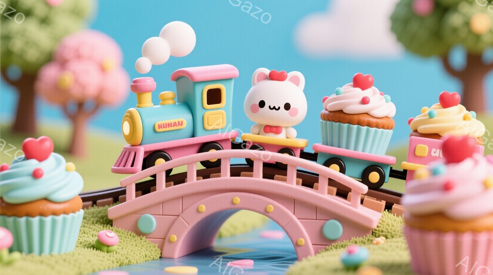 鮮やかなピンク色の背景に、カップケーキでできた列車が描かれています。列車の先頭車両には「NUNAN」と書かれており、クマのようなキャラクターが運転席に座って楽しそうにしています。背景には、草が生えた丘や、水面に浮かぶ花びらが見え、ファンタジックで可愛らしい雰囲気を醸し出しています。