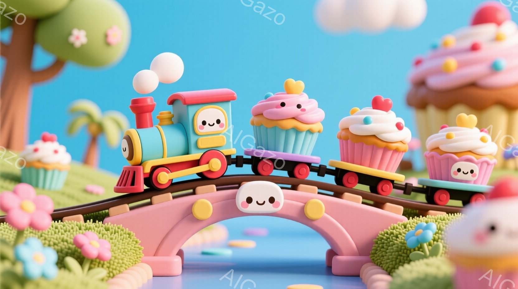 カラフルな背景に、カップケーキの形をした列車が橋の上を走っています。列車はピンク色の橋を渡り、各車両が可愛らしいカップケーキの形をしており、顔が描かれていて表情豊かです。周囲には花々が生い茂り、明るく - AI生成フリー素材