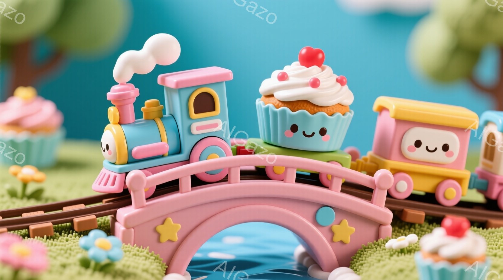 ピンク色の橋の上を、カップケーキを模した列車が走っている可愛らしい風景です。列車はピンク、緑、オレンジの車輌で構成され、それぞれに愛らしい表情が描かれています。背景には緑の芝生と水面、そして小さな花々 - AI生成フリー素材