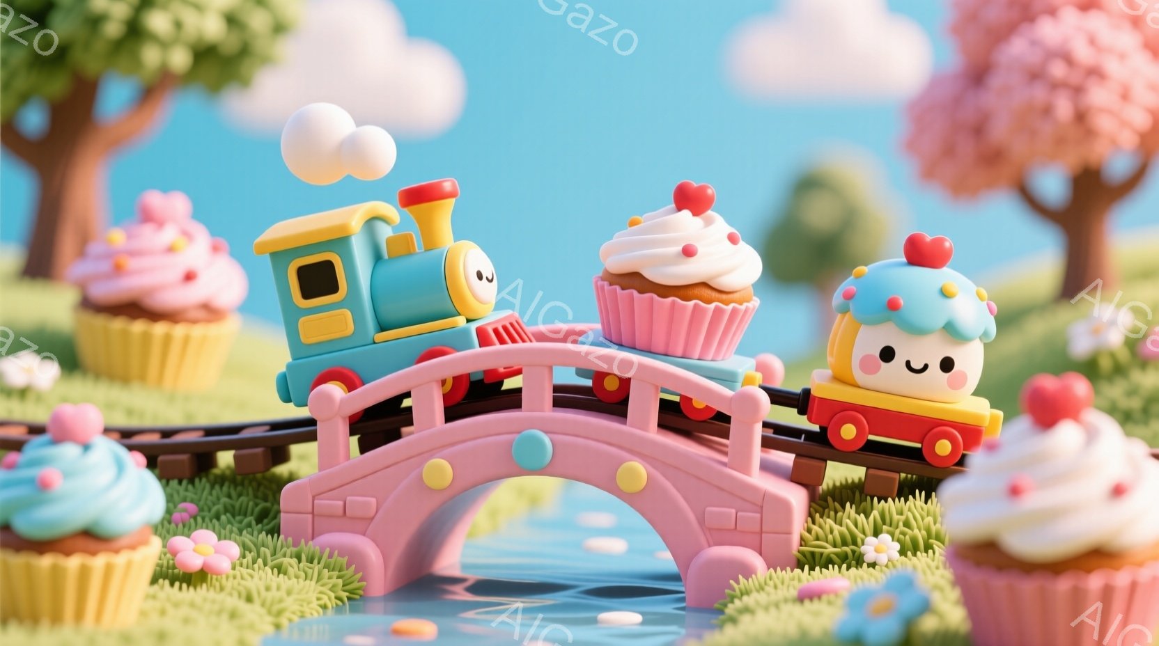鮮やかな緑の芝生の上に、ピンク色のアーチ橋が架かっています。クリーム色のアイシングと赤いハートが飾られたカップケーキの形をした列車が、橋の上を走っており、可愛らしい表情をしています。背景には、ピンク色 - AI生成フリー素材